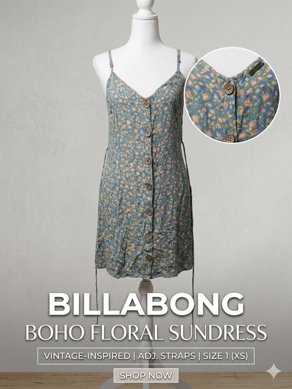 Billabong Floral Button-Front Mini Dress Blue Boho Summer Cami Size 1 XS